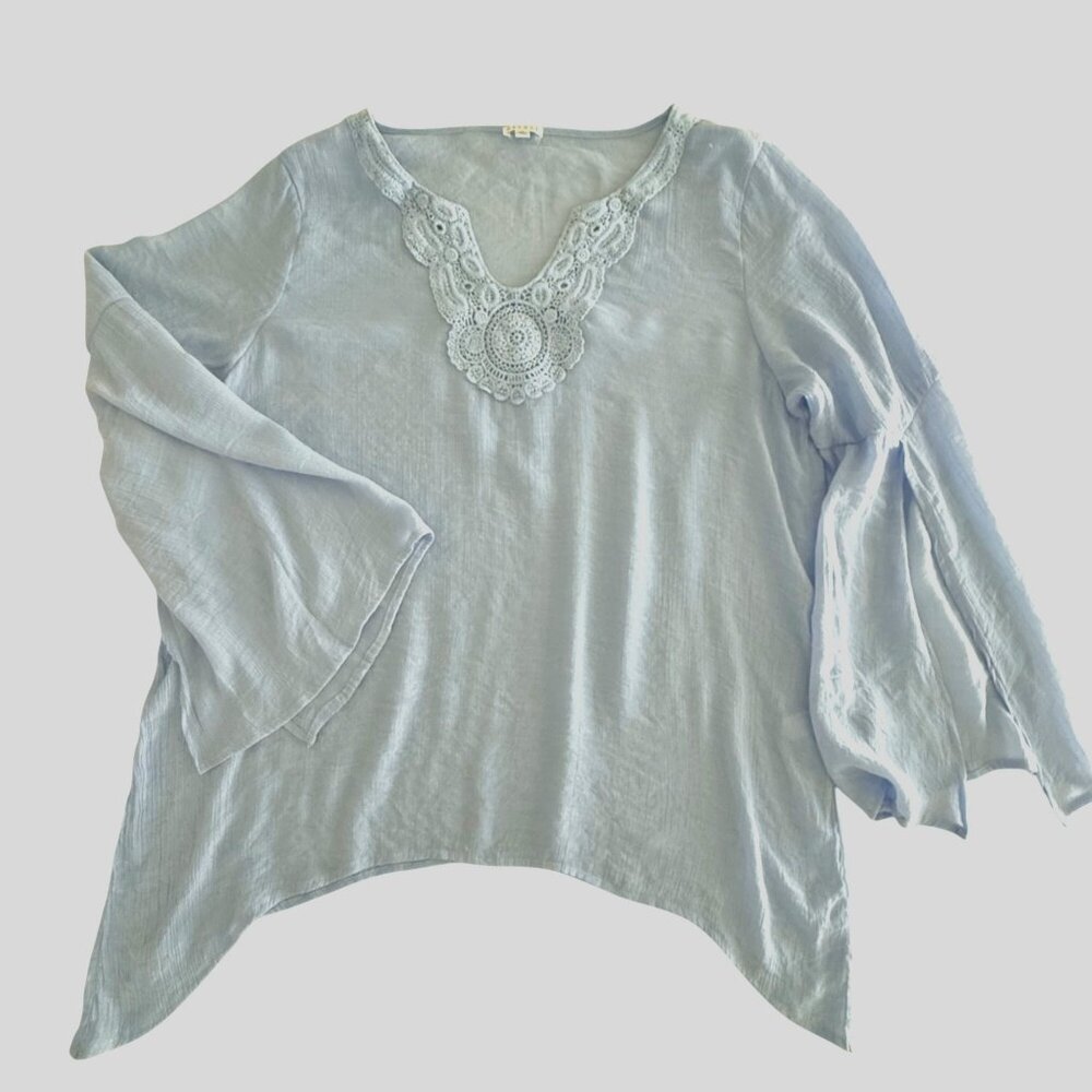 Spense Top Size XXL Light Blue Crochet Neckline Boho Tunic Blouse - Picture 4 of 10